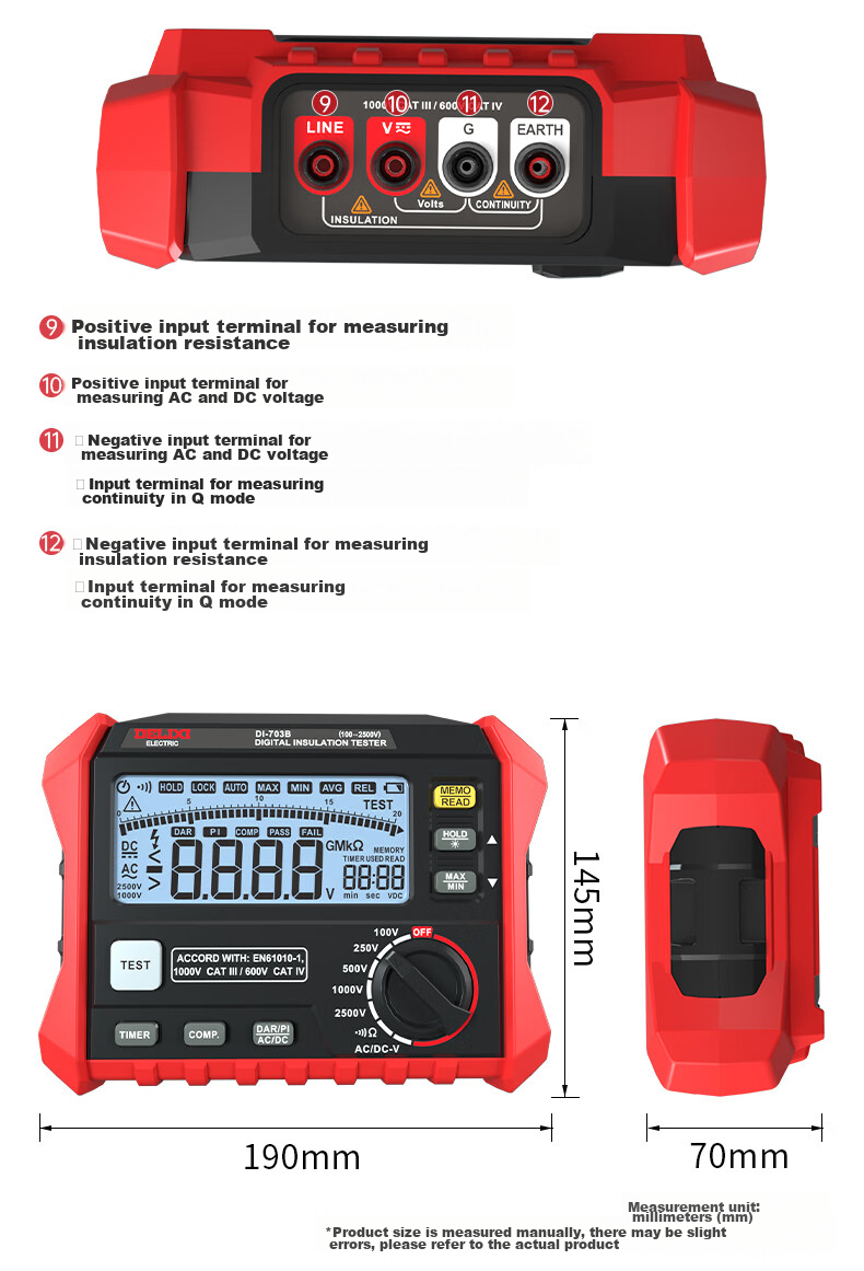 DELIXI ELECTRIC Digital Insulation Resistance Tester, Digital Megohmmeter, Electrical Insulation Meter, 703B 20
