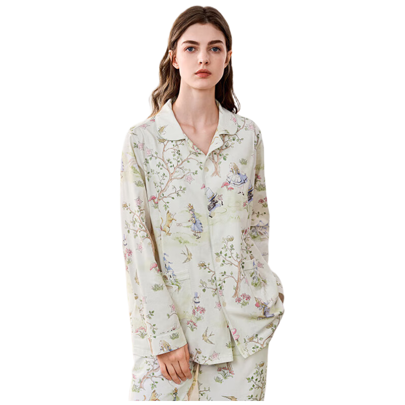 EMXEE Spring And Autumn Thin Maternity Pajamas with Built-In Chest Pads, Postpartum Nursing Sleepwear, Alice Home Wear, Size L