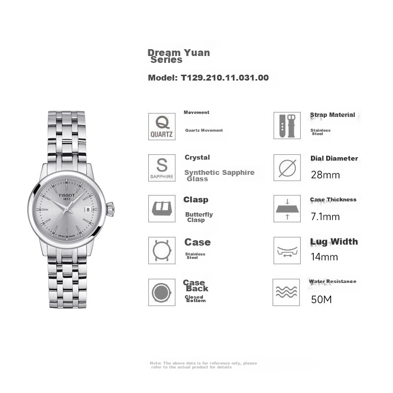 TISSOT Watch, Dream Round Series Women's Watch, Swiss Quartz Ladies Steel Strap Wristwatch, Fashionable Timepiece, Birthday Gift