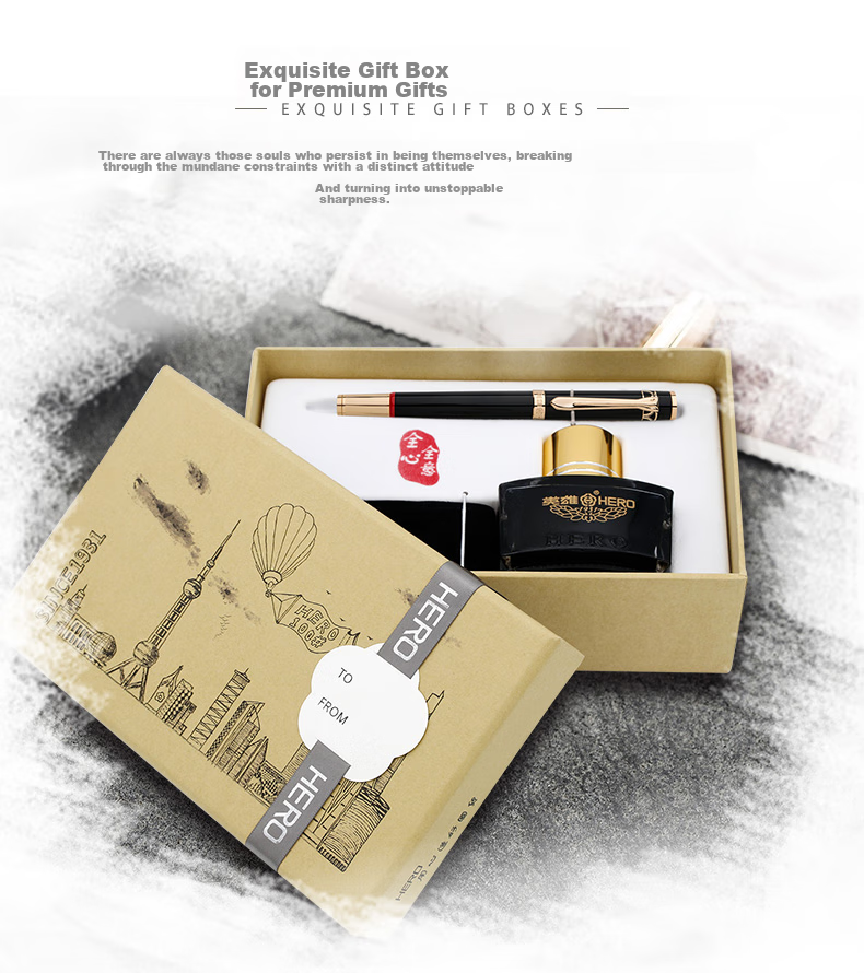 HERO Fountain Pen Gift Box, Shaohua Series, High-Quality Adult Calligraphy Business Signature Pen for Men And Students, Birthday Gift for Boys, Three-In Gold 10K 3