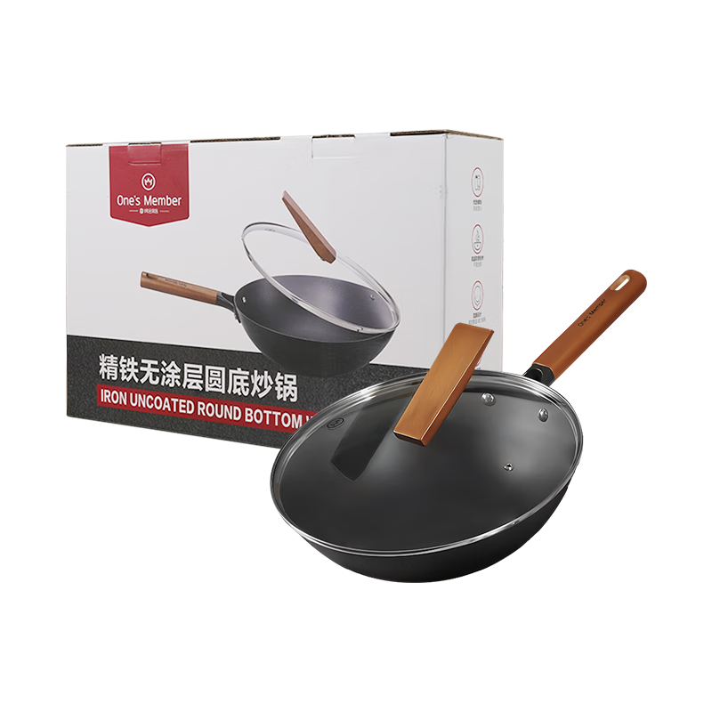 One's Member, Cast Iron Wok, Deep Nitridation Anti-Rust Iron Pan, Household Non-Coated Stir-Fry Pan for Gas Stove, with Lid, 32cm