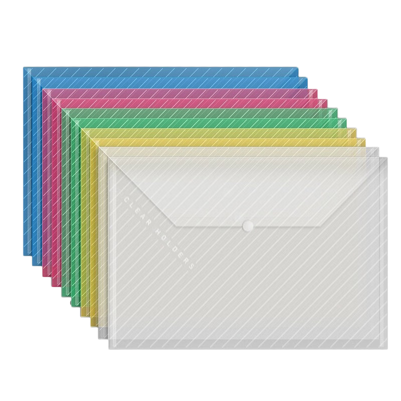 SIMAA , Pack of 10, A4 Twill Colored Transparent Button Closure Pouches, Waterproof Document Folders, Exam Paper Storage Pouches, Office Supplies, 20164