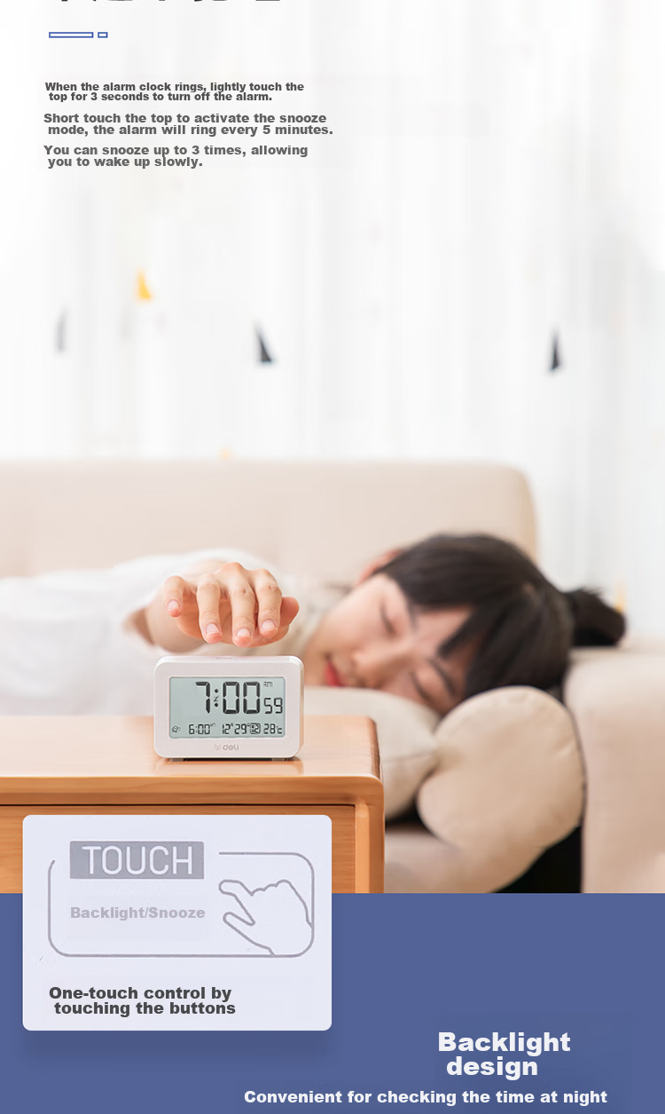 Deli Electronic Timer Alarm Clock, Multifunctional Temperature And Humidity Display, Date Function, Dormitory Backlight Digital Clock, Time Management Tool for Students, Wake-Up Aid, White, 8839 Gift 5