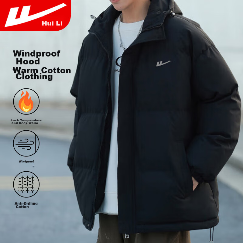 Warrior Cotton Padded Jacket for Men, Versatile Hooded Coat, Winter Warmth, Thickened Cotton Clothing, Casual Puffer Jacket, Black, Size M