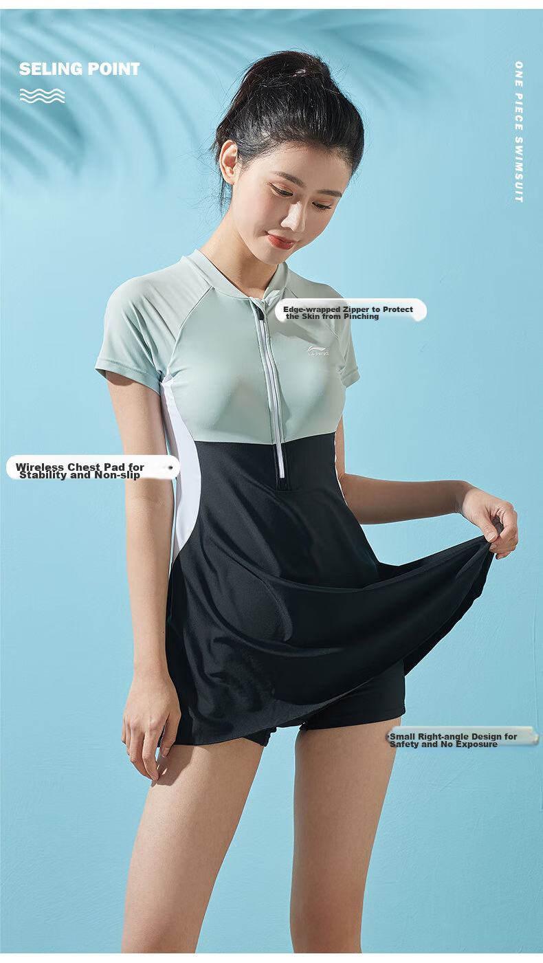 Li-Ning One-Piece Swimsuit Dress for Women, Shaping Waist, Contrasting Colors, High Elasticity, Breathable, Hot Spring Resort Swimwear 080 Black-Green XXL 5