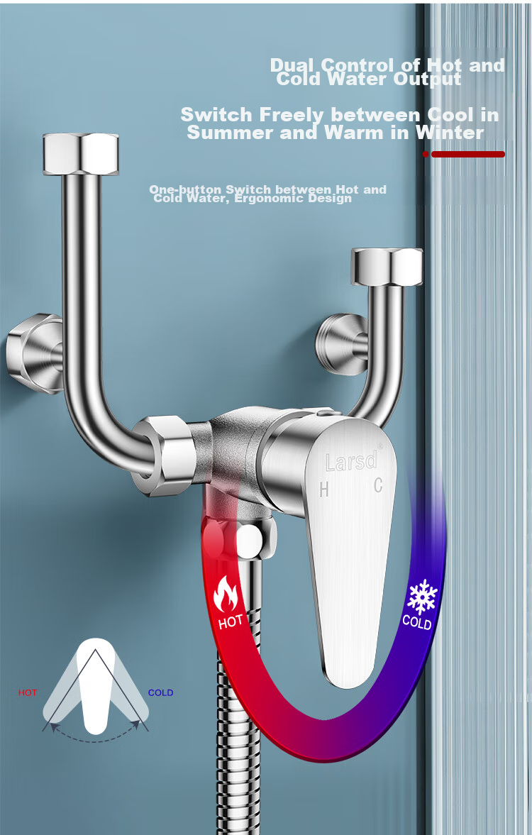 Larsd Electric Water Heater Mixing Valve, 304 Stainless Steel Shower Switch, Hot And Cold U-Shaped Valve, Surface-Mounted Shower Faucet, LD5223 11