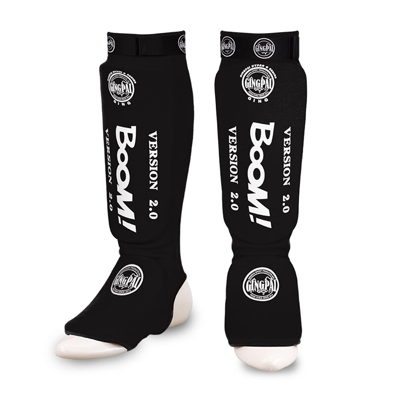 Jingpai Muay Thai Leg Guards for Adults And Children, Boxing Training Knitted Shin Guards with Foot Support, Black, Size M