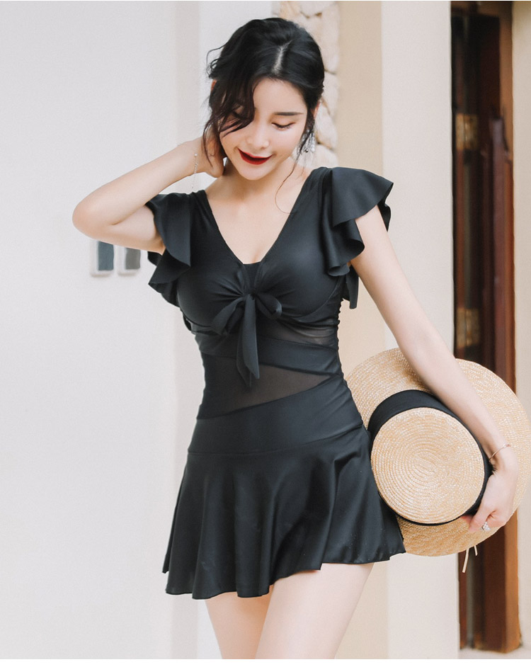DK Swimsuit for Women, Sexy Push-Up Korean Style One-Piece Dress, Conservative Tummy-Covering Slimming Swimwear for Hot Springs, Red, M 9