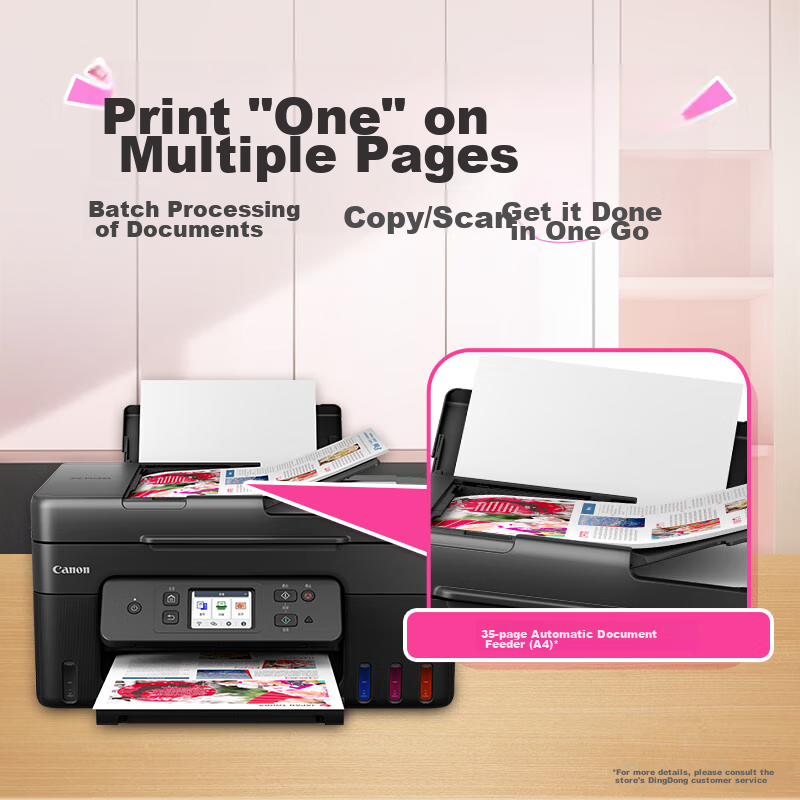 Canon G4880 High-Capacity Refillable Color Multifunction Wireless All-In Printer (Print/Copy/Scan, Automatic Duplex, Document Feeder, WeChat Remote Control, Dual-Band WiFi for Home Use)