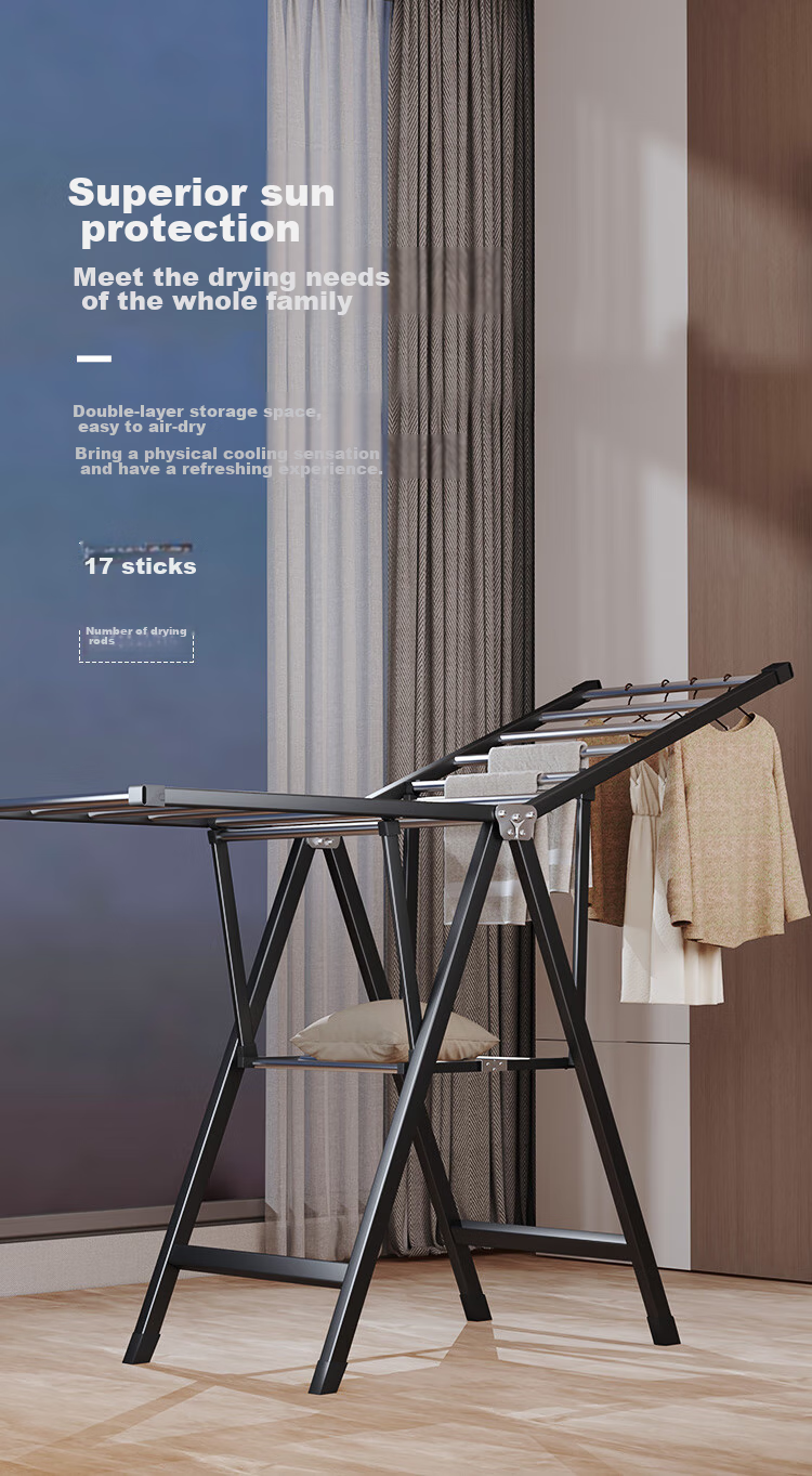 QIAONAMEI Clothes Drying Rack, Floor-Standing Foldable Hanger, Indoor Drying Pole, Balcony Quilt Drying Tool, Clothes Rack 4147BK 10