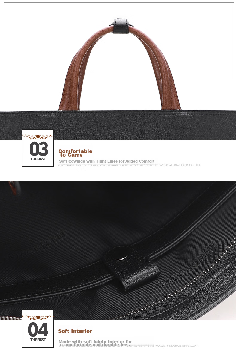 ELLE HOMME Men's Business Briefcase, Fashionable Genuine Leather Handbag, Horizontal Trendy Simple Cowhide Men's Bag, 12510 Black 14