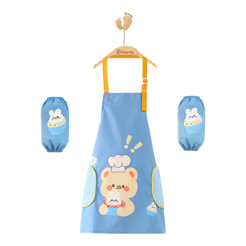 Babyprints Apron, Children's Smock, Baby Painting Clothes, Dining Kitchen Set, Waterproof And Stain-Resistant, with Sleeves, Washable, Blue Bear Desig