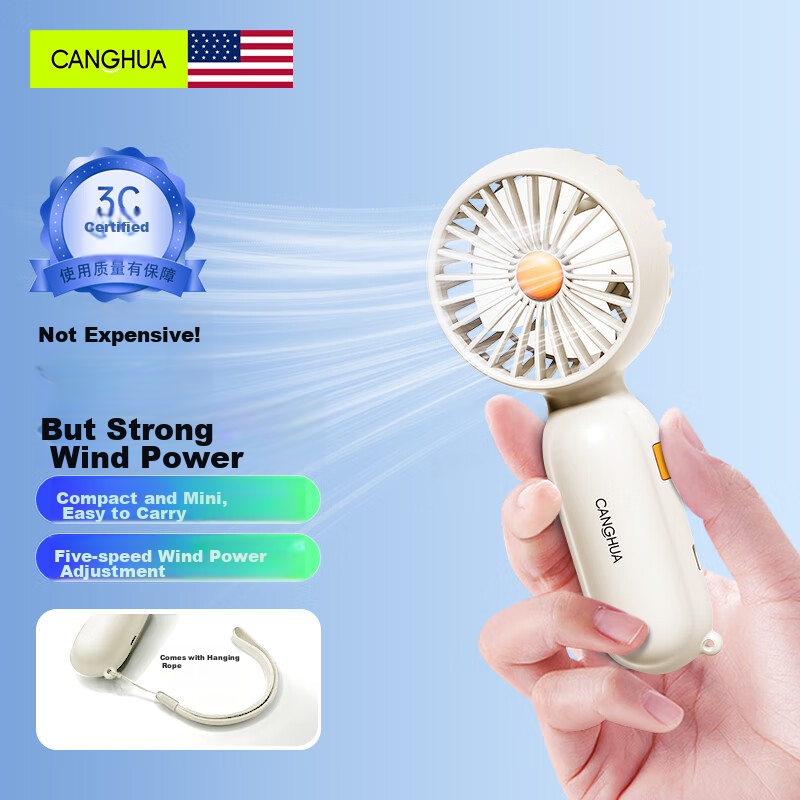 CangHua Handheld Mini Fan, Powerful Long-Lasting Battery Portable Rechargeable Fan, Quiet Compact for Students Children Babies Outdoor Camping Electric Fan White