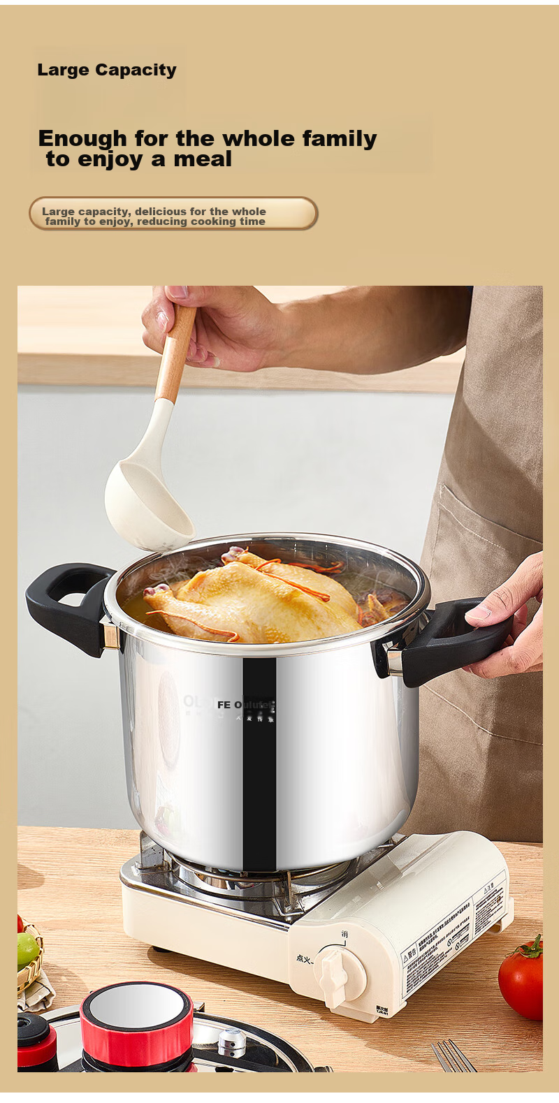 OLOFE Pressure Cooker, Gas And Induction Compatible, 304 Stainless Steel, 8L, Baoshikang European Style Explosion-Proof, Deep Single-Handed Opening And Closing Pressure Cooker 9