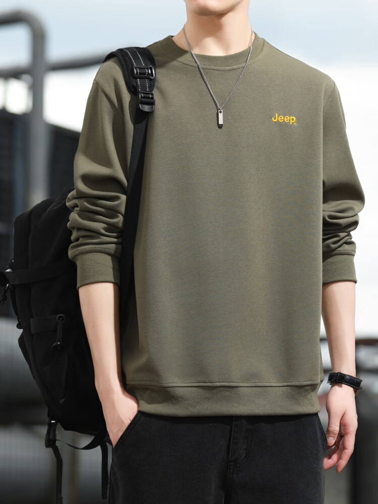 JEEP Sweatshirt for Men, Loose Embroidered Crew Neck Long-Sleeve T-Shirt, Casual Sportswear for Men's Clothing 102, Navy Blue, Size L 13