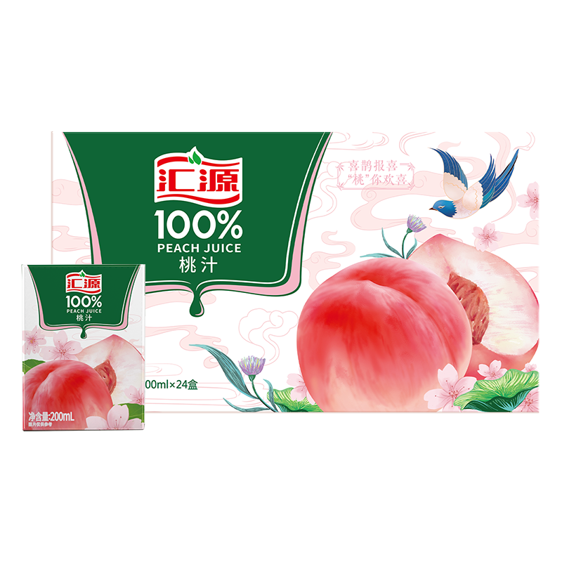 汇源100%桃汁整箱果汁健康饮料200ml*24盒节日送礼宴请
