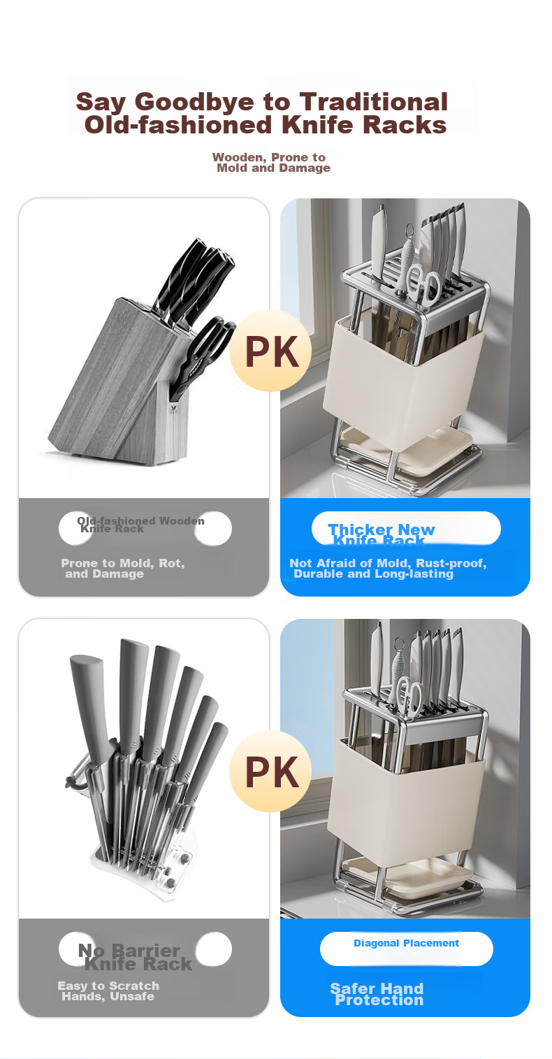 Shuaishi Stainless Steel Knife Holder Kitchen Storage Rack for Knives, Chopsticks, Cutting Boards, Multi-Functional Organizer Shelf 6