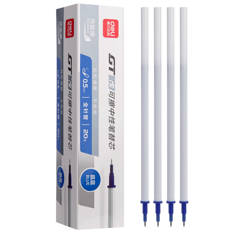 Deli 0.5mm Full Needle Tube Erasable Gel Pen Refill, Signature Pen Ink Refill, Student Stationery, Crystal Blue, 20 Pieces/box, GT163