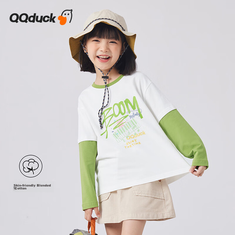 QQ DUCK Children's Clothing Girls' Long-Sleeve T-Shirt Undershirt Youth Wear Music Party White; 130