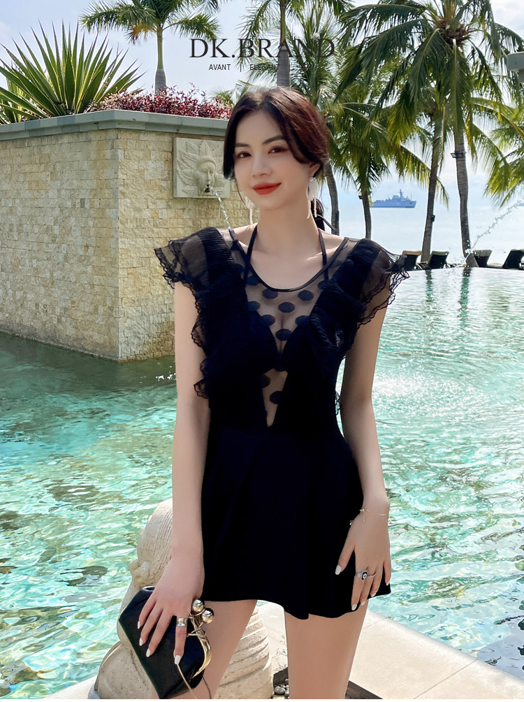 DK Swimsuit for Women, Sexy Small Chest Push-Up Conservative Tummy-Covering Slimming Korean Vacation One-Piece Dress Swimwear Hot Spring White M 1