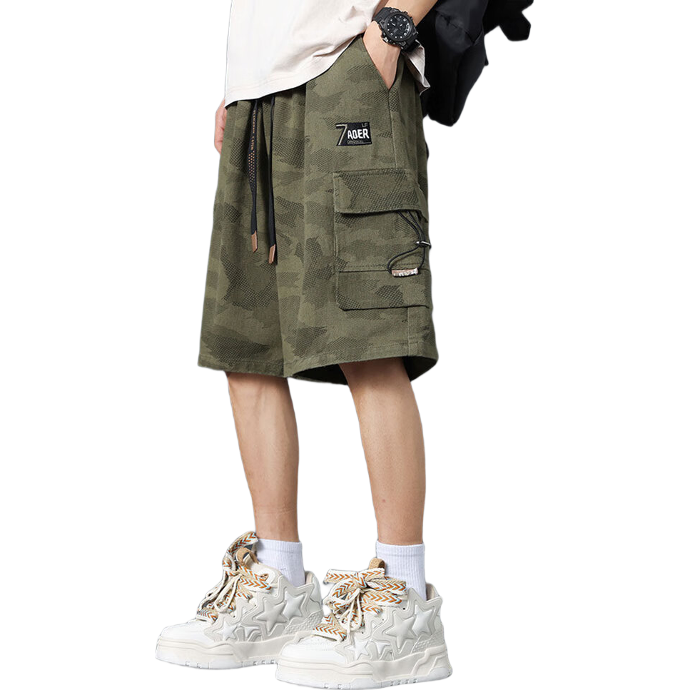 I'M DAVID Men's Cargo Shorts, Summer Casual Loose-Fit Five-Point Pants, Trendy Thin Mid-Length Shorts, Army Green Camouflage, Size L