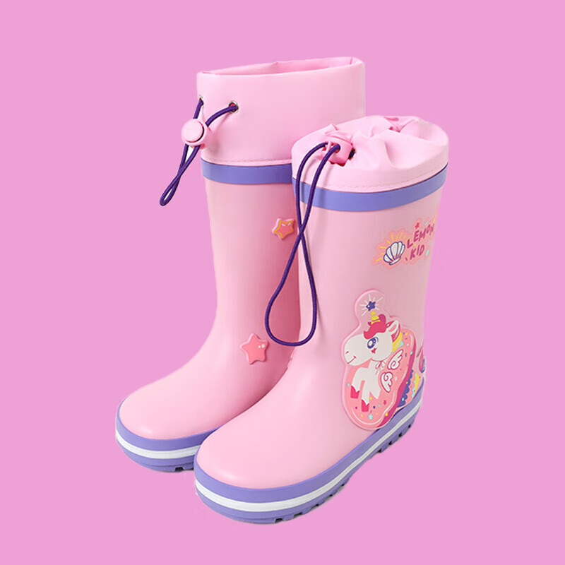 Lemonkid Children's Rain Boots, Boys And Girls Water Shoes, Baby Water Boots, Non-Slip Rubber Shoes, Kids Rain Boots, Pink And Purple Unicorn Design, Size 35