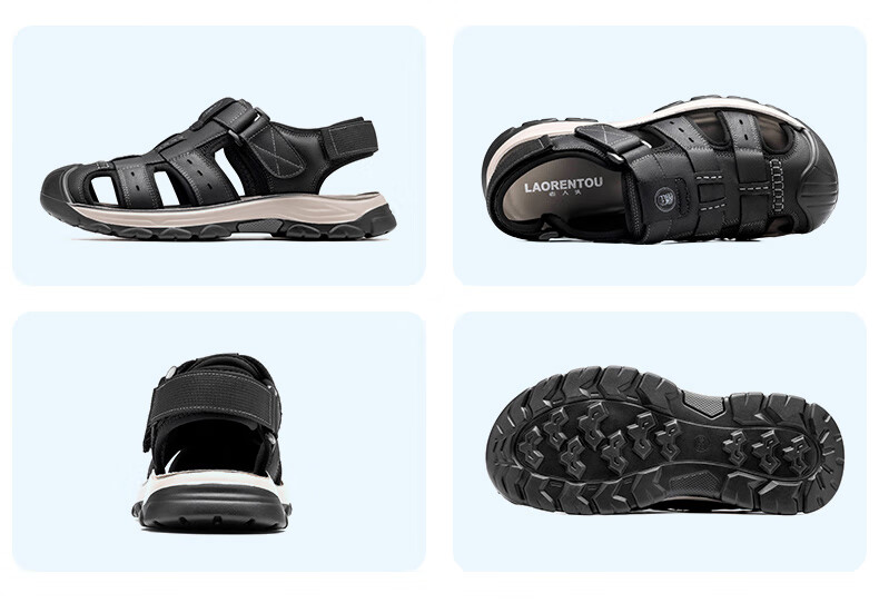 LAORENTOU Men's Summer Outdoor Casual Leather Sandals Closed-Toe Anti-Collision Hole Beach Shoes LT66 Gray Size 39 9