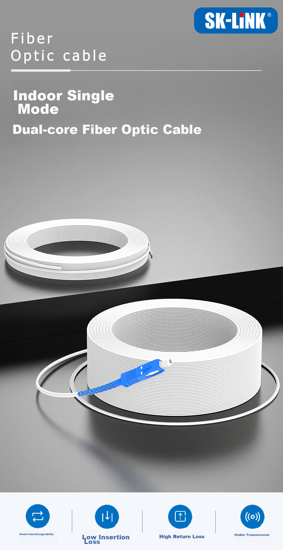 SK-LINK Telecom-Grade Indoor Pigtail Fiber Optic Cable, 2-Core 2-Steel Wire Single-Mode Double-Core Optical Fiber Cable, Butterfly-Shaped Fiber Optic Home Broadband Line FTTR Networking 100 Meters White SNGL2SM-100M 1