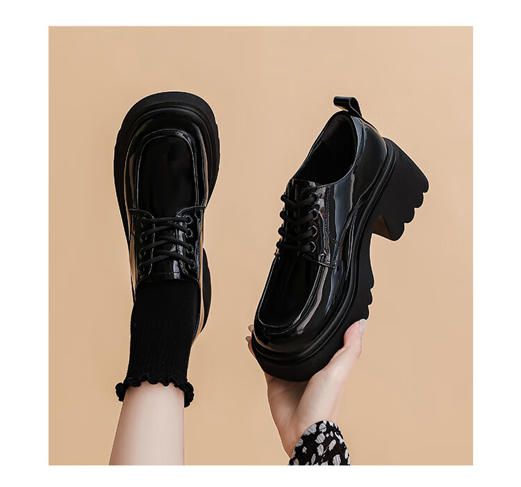 DAPHNE Thick-Soled Loafers for Women, Comfortable Versatile Shoes to Match Dresses, British Style Leather Shoes for Women, Glossy Black, Size 37 13