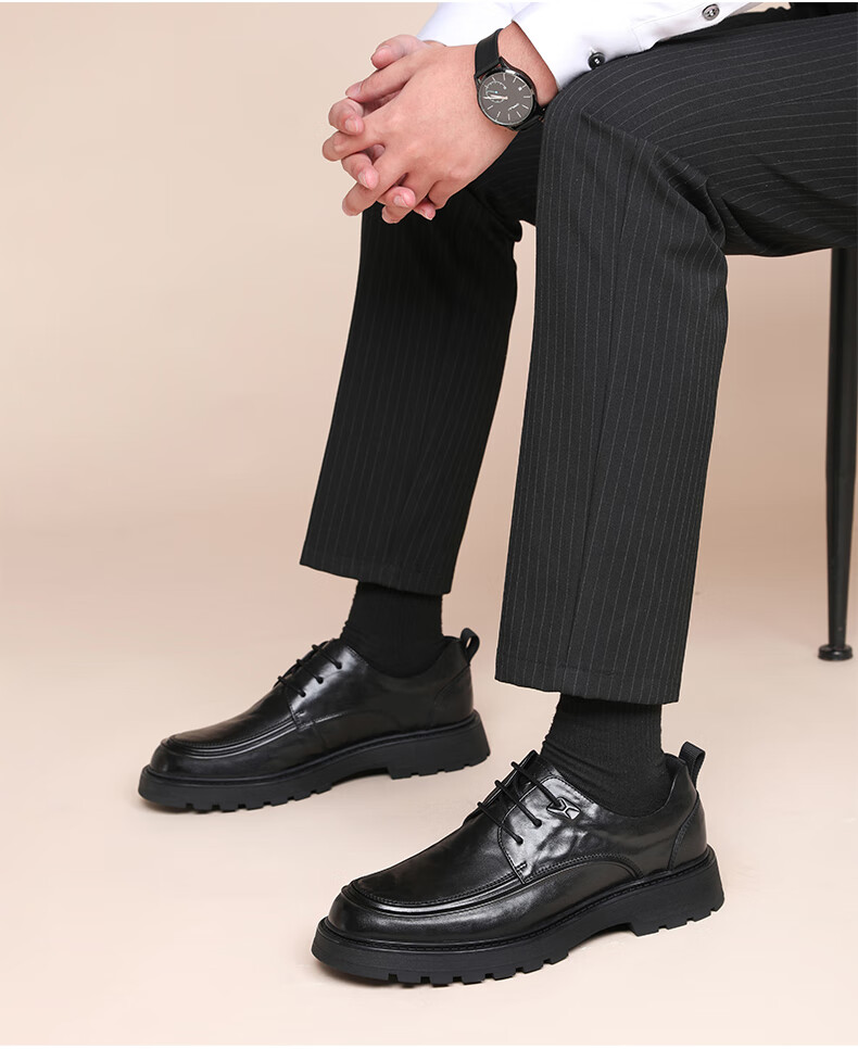 Hongqingting Men's Leather Shoes with Thick Soles for Height Increase, Business Formal Shoes, Hand-Grained Cowhide Casual Shoes WTA343201 Black Size 41 5