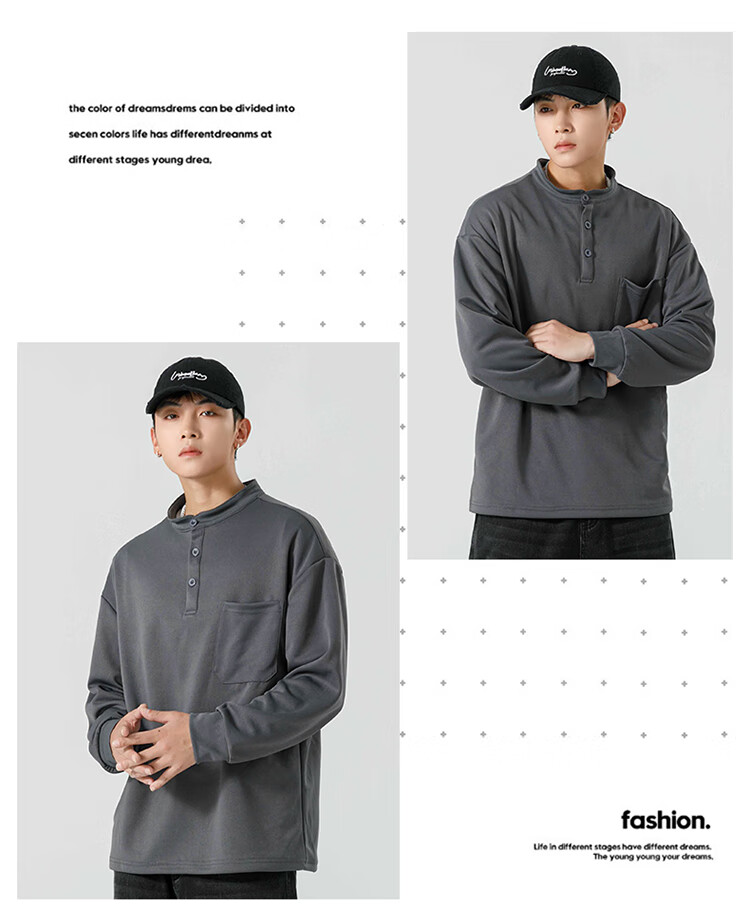 Dingfengbaoluo American Streetwear Men's Long Sleeve T-Shirt Spring Summer Crewneck Sweatshirt Loose Casual Base Shirt MT41 Black XL 9