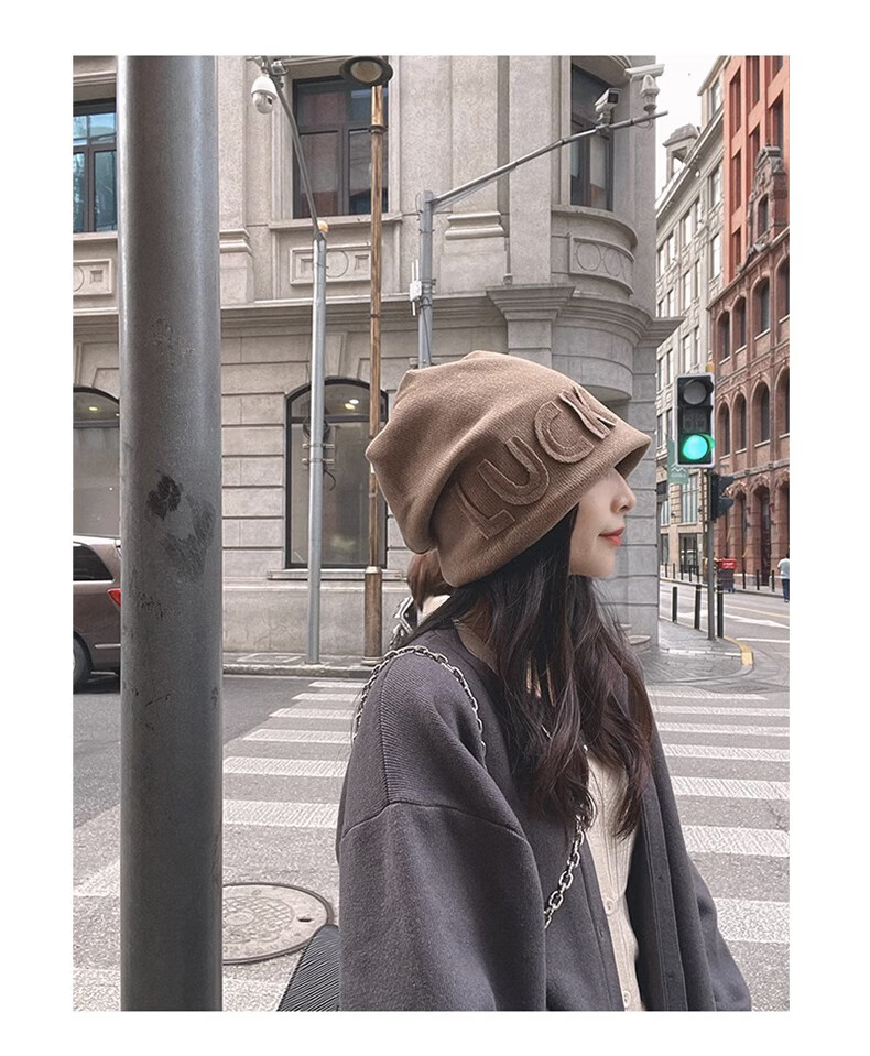 XUEXIMAN Women's Autumn Winter Japanese Style Thickened Warm Knitted Letter Beanie Fleece Lined Head Wrap Hat 3