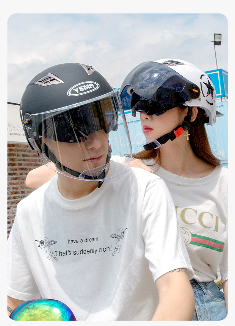 YEMA 3C Certified 329S Electric Motorcycle Helmet, Summer Dual-Lens Half Helmet for Men And Women, Sun Protection Safety Helmet, One Size Fits All, White with Clear Long Visor 3