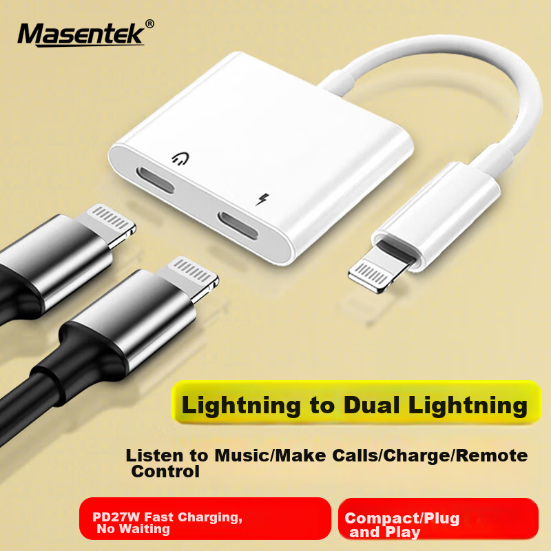 Переходник Masentek Dual Lightning для iPhone, 2 порта для зарядки и музыки, с поддержкой вызовов, совместим с iPhone 14/13/12 Pro/Type-C