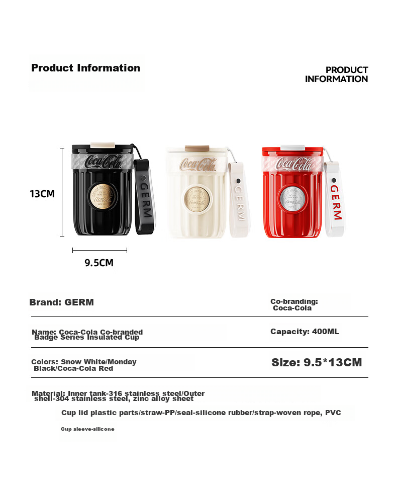 Germ Coca-Cola Dual-Use Insulated Cup with Straw, Water Bottle, Coffee Mug, Large Capacity Student Cup, 400ML, Snow White 19