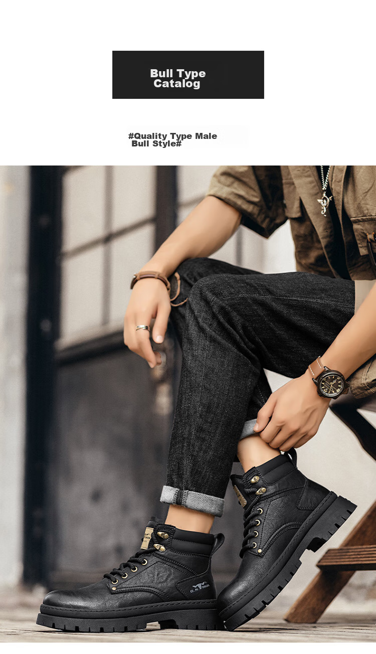 Bull Family Men's Autumn Winter Martin Boots Trendy Versatile Work Shoes Retro Durable Leather Boots for Men 15