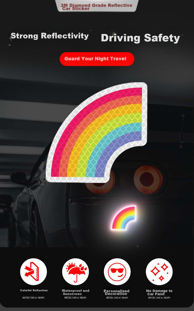 3M Reflective Warning Tape, Luminous Sticker for Electric Bikes, Motorcycles And Cars, Scratch Cover, Diamond Grade - Rainbow Signal, 8.5cm*8.4cm (1 Piece/bag) 1