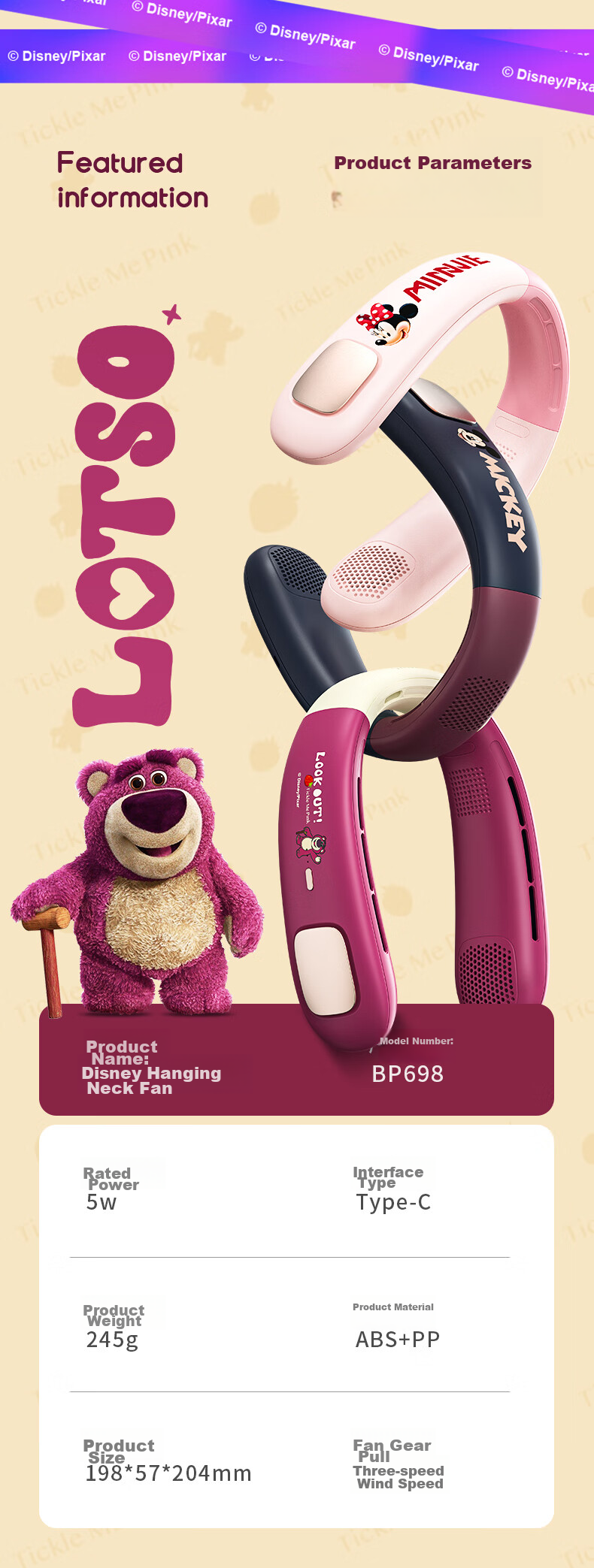 Disney Neck Hanging Fan / Electric Fan High Power Long Battery Life Cooling Ice Compress Bladeless Small Fan Portable Outdoor Travel USB Rechargeable Office Student Dormitory FAN-02 Judy 10