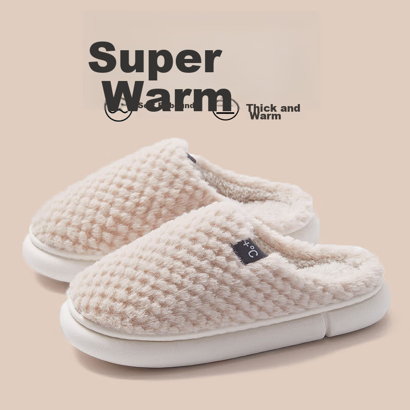 GUOLUOFEI Cotton Slippers, Men's Indoor Thick Warm Couple Thick-Soled Furry Slippers for Women, Beige, Size 36-37