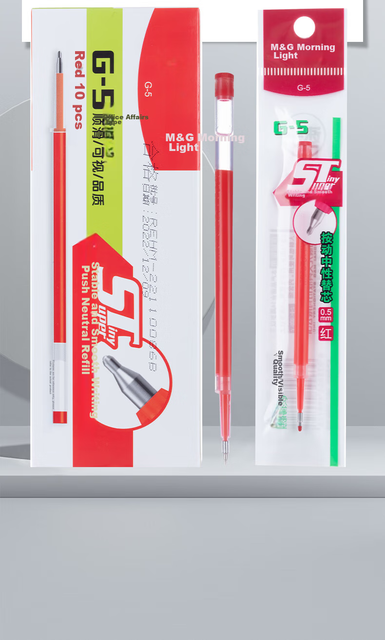 M&G Stationery G-5 Retractable Gel Pen Refill 0.5mm, Signature Pen Refill, Student Quick-Drying ST Tip Pen Refill, Office Supplies, Compatible with 1008/K35/S01, Red, 10 Pieces/box 11