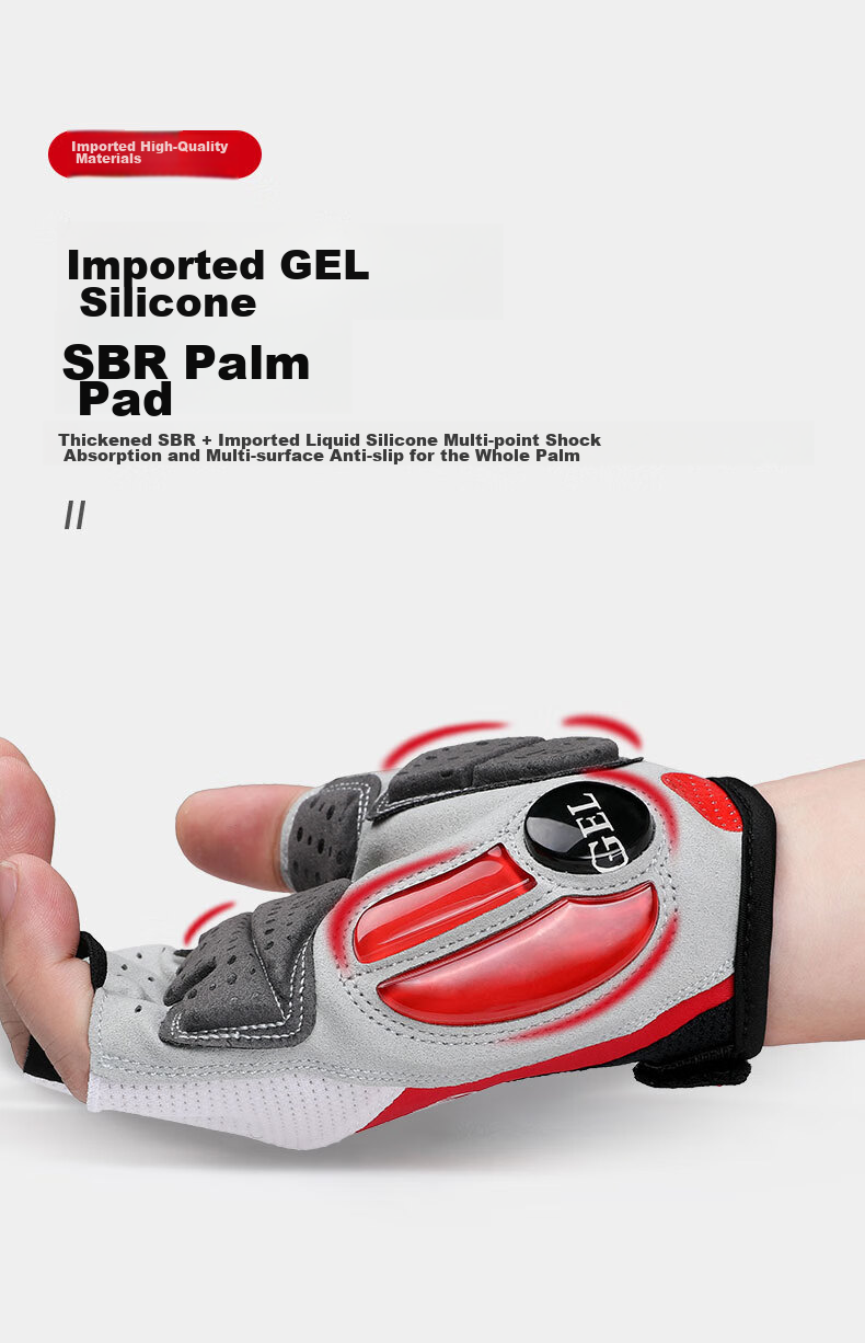 CAVALRY Silicone Half-Finger Gloves for Men And Women, Short Finger Road And Mountain Bike Shock-Absorbing Gloves Cycling Gear Red And White S 6