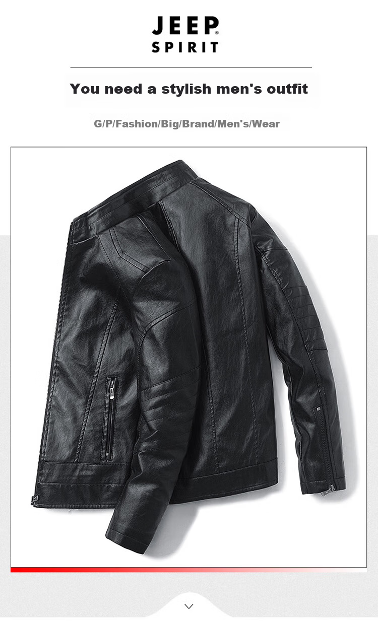 JEEP SPIRIT Men's Leather Jacket, Spring And Autumn Stand-Collar Business Motorcycle Outerwear, Black, Size L 1