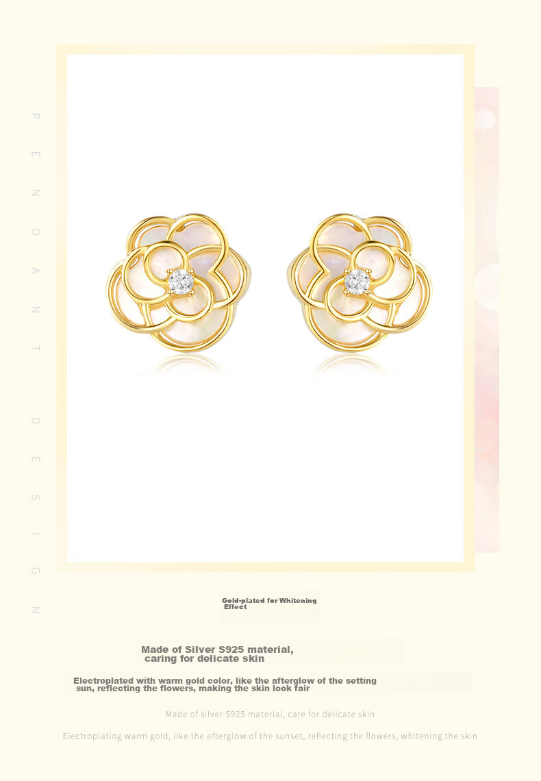 CHOW TAI SENG [Birthday Gift] Camellia Mother-Of Stud Earrings for Women, Elegant Niche Design Silver Earrings for Girlfriend 5