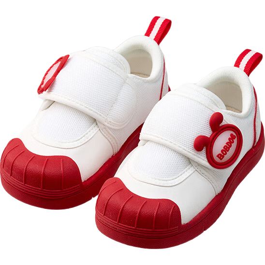 BOBDOG Children's Shoes, Kindergarten Indoor Shoes, White Sneakers for Boys And Girls, Toddler Walking Shoes, Non-Slip Shoes for Kids, Red, Size 22