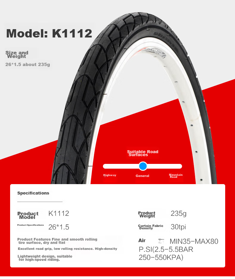 KENDA K193 Bicycle Inner And Outer Tube, 26X1.5 Butyl Rubber, Beautiful Mouth, Wear-Resistant, Pressure-Resistant Tire Inner And Outer Tube 7
