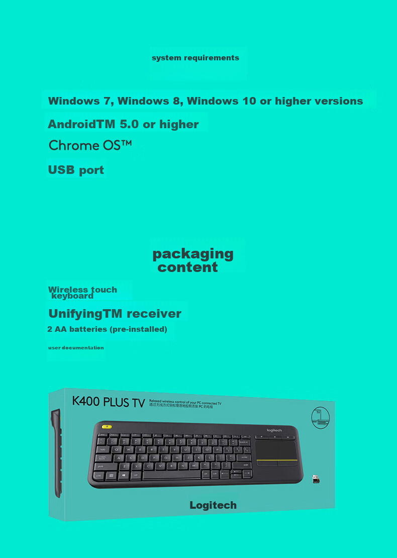 Logitech K400Plus Wireless Keyboard with Touch Control for Android Smart TV, Computer, Laptop Office Use with 2.4G Wireless Receiver, Black [Order Bonus] 17