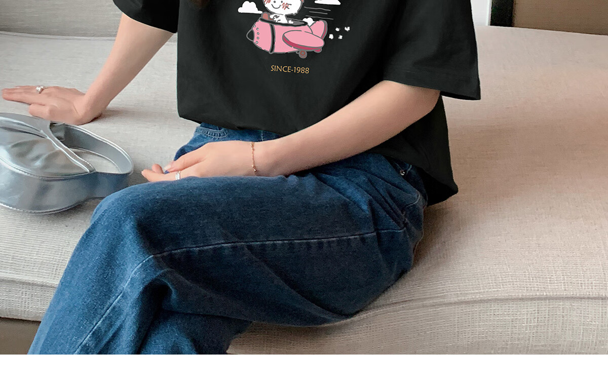 Halo Queen Women's Summer Short-Sleeve Round Neck T-Shirt, Cute Rabbit Print T-Shirt, Loose-Fitting Slimming Top, Women's H143T1417 31