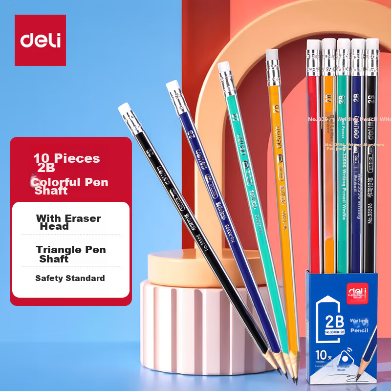 Карандаши Deli 33408-2B, 10 штук, 2B, треугольные, деревянные, с ластиком