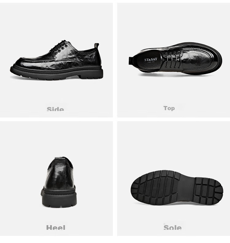 St&Sat Men's Shoes, Men's Hand-Scratched Leather Shoes, Business Casual Leather Shoes for Men, Black, Size 38 14
