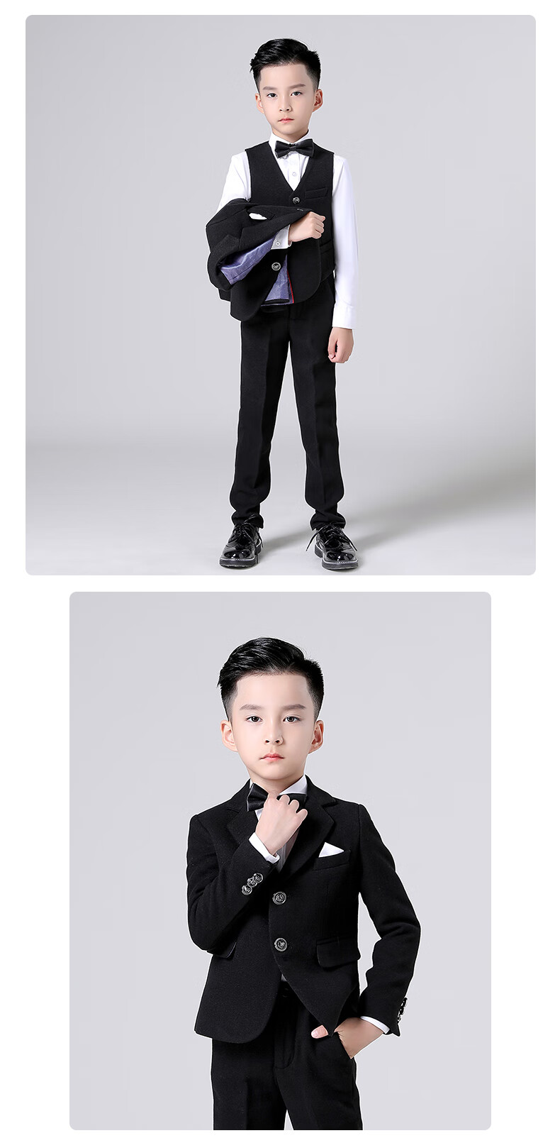 Luomeng Children's Suit Set for Boys, Flower Boy Formal Wear, Autumn Wool Suit for Piano Performance, Black Wool 5-Piece Set, Size 160 20